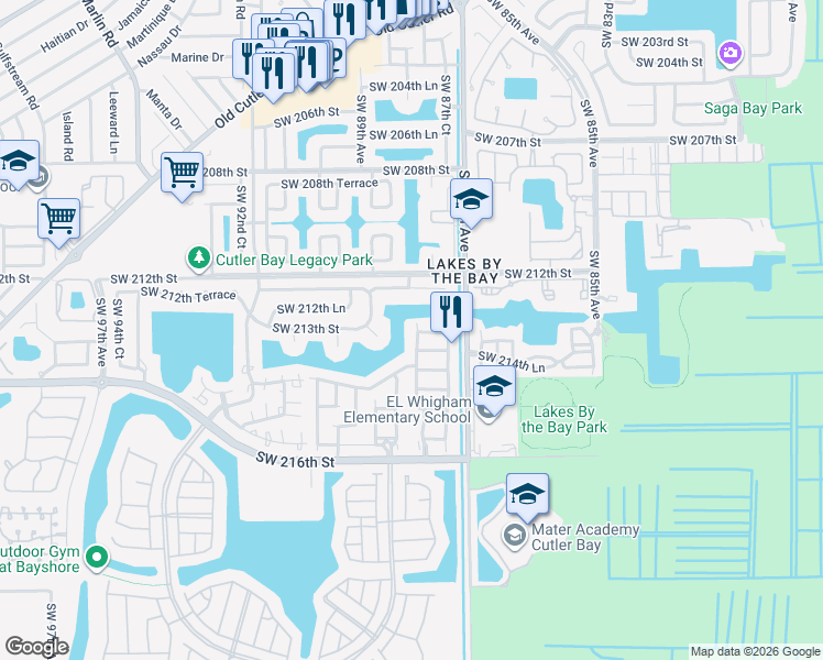 map of restaurants, bars, coffee shops, grocery stores, and more near 21300 Southwest 87th Place in Cutler Bay