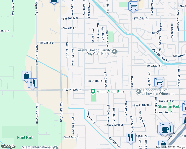 map of restaurants, bars, coffee shops, grocery stores, and more near 21259 Southwest 130th Court in Miami