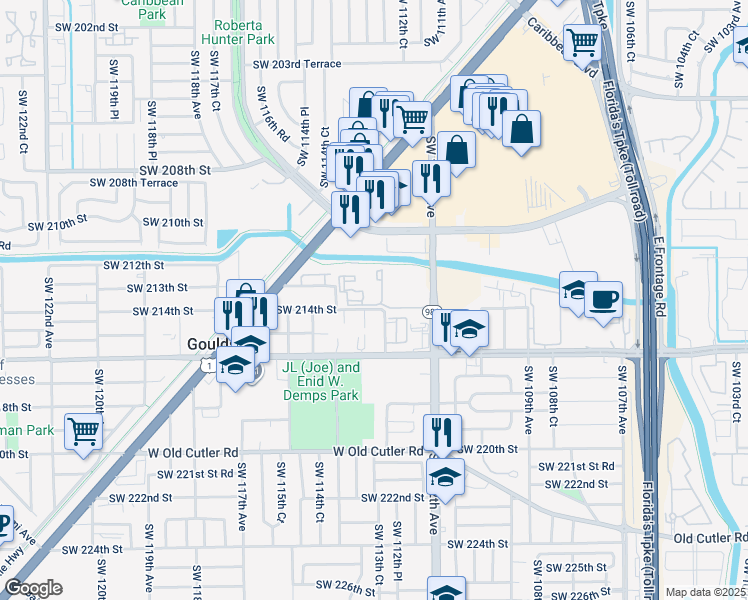 map of restaurants, bars, coffee shops, grocery stores, and more near 21368 Southwest 112th Avenue in Miami