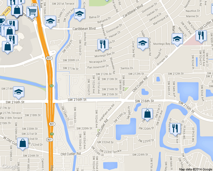 map of restaurants, bars, coffee shops, grocery stores, and more near 10045 Southwest 213th Terrace in Cutler Bay