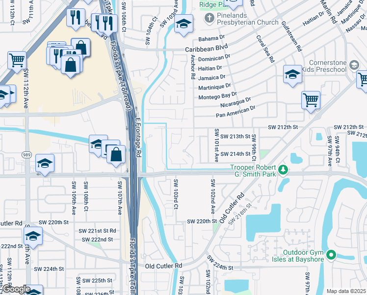 map of restaurants, bars, coffee shops, grocery stores, and more near 10300 Southwest 212th Street in Cutler Bay