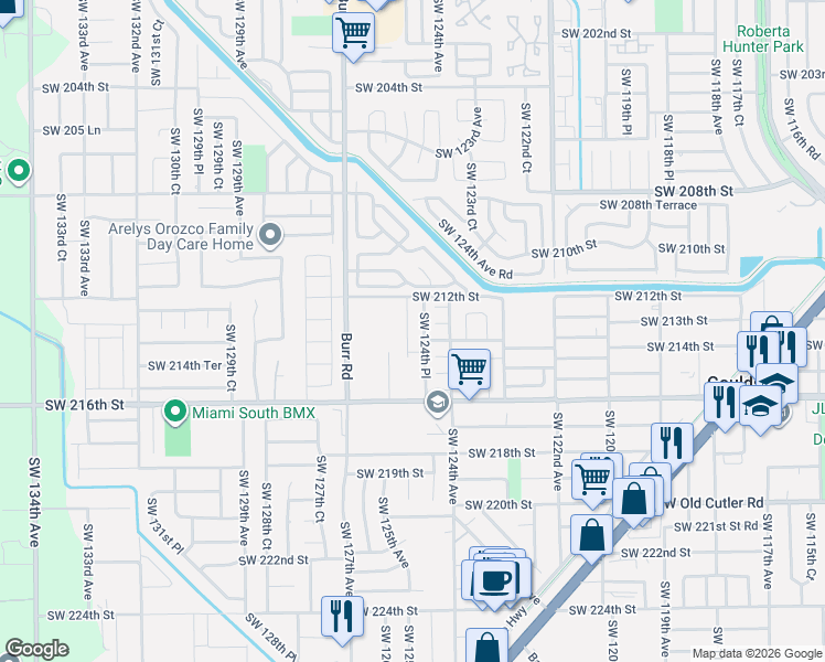 map of restaurants, bars, coffee shops, grocery stores, and more near 21280 Southwest 124th Place in Miami