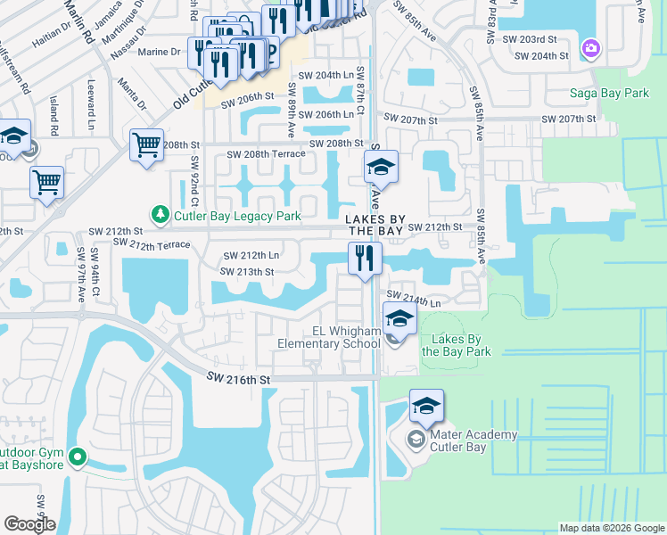 map of restaurants, bars, coffee shops, grocery stores, and more near 21300 Southwest 87th Place in Cutler Bay