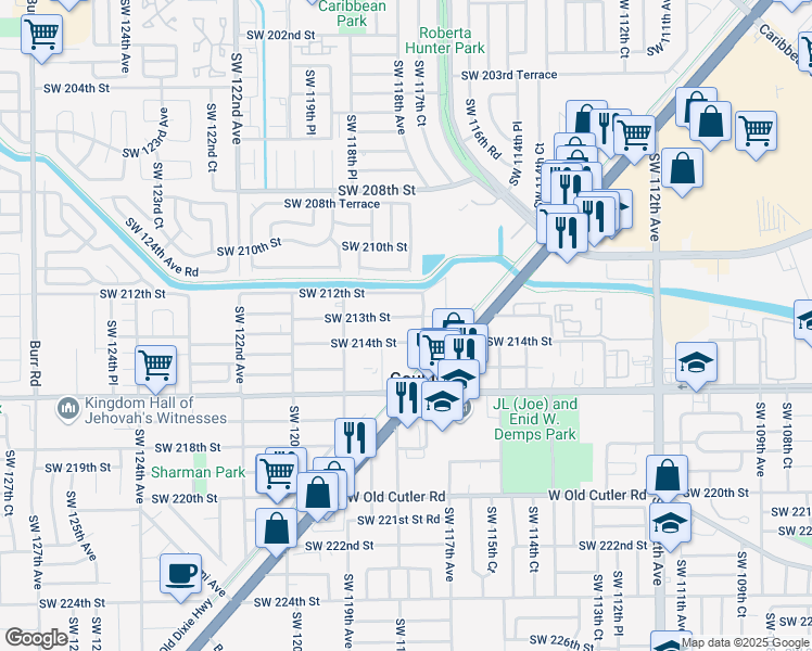 map of restaurants, bars, coffee shops, grocery stores, and more near 11772 Southwest 213th Street in Miami