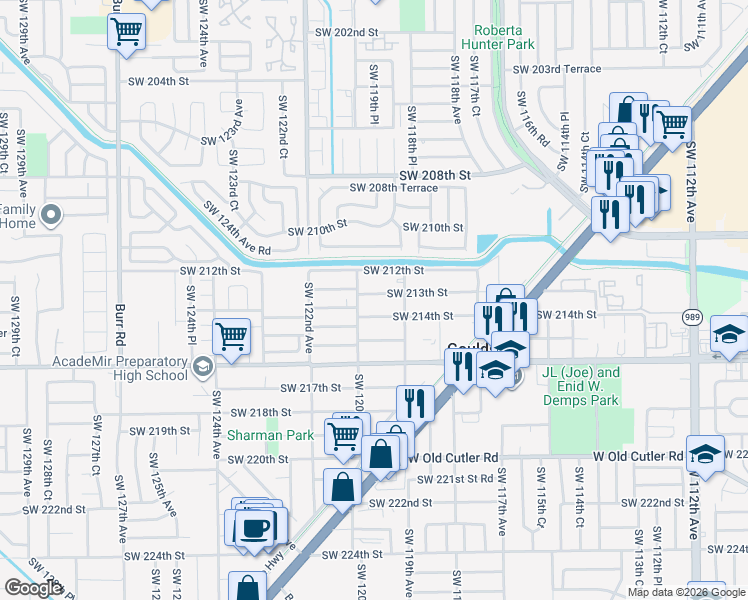 map of restaurants, bars, coffee shops, grocery stores, and more near 21269 Southwest 120th Avenue in Miami