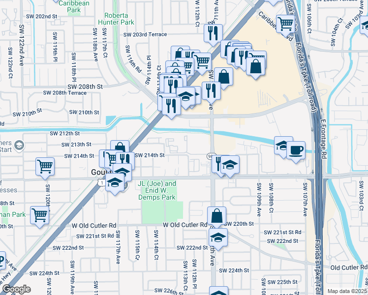 map of restaurants, bars, coffee shops, grocery stores, and more near 21368 Southwest 112th Avenue in Miami