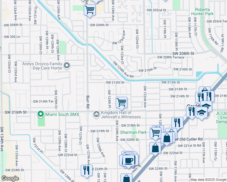map of restaurants, bars, coffee shops, grocery stores, and more near 21284 Southwest 123rd Place in Miami
