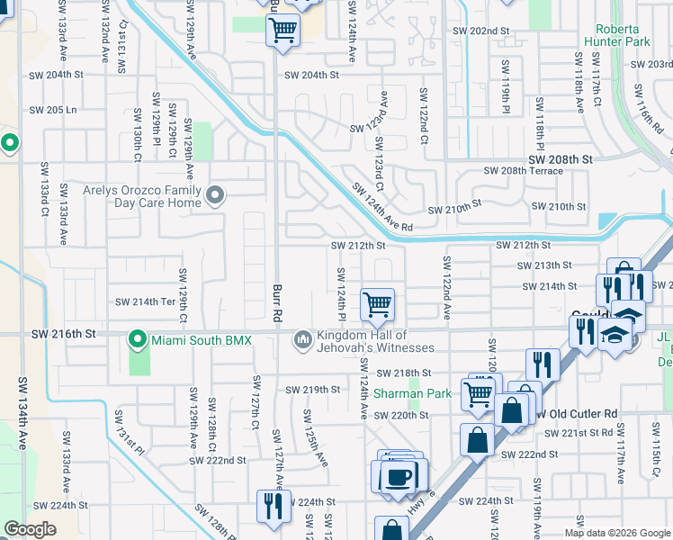 map of restaurants, bars, coffee shops, grocery stores, and more near 21280 Southwest 124th Place in Miami