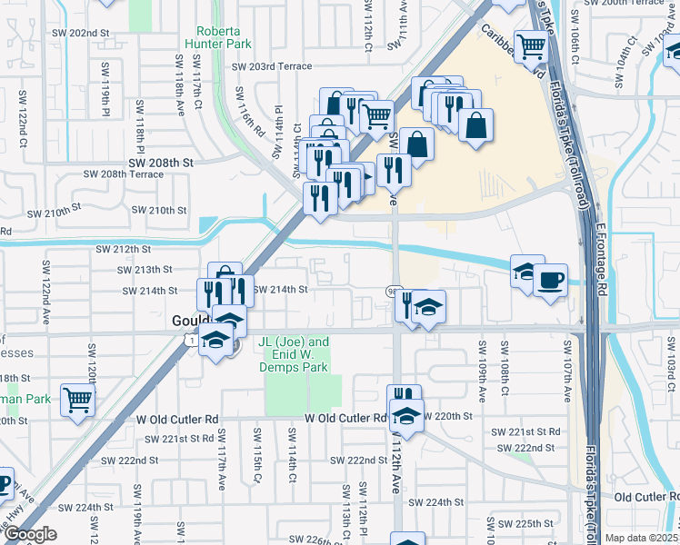 map of restaurants, bars, coffee shops, grocery stores, and more near 21354 Southwest 112th Avenue in Cutler Bay