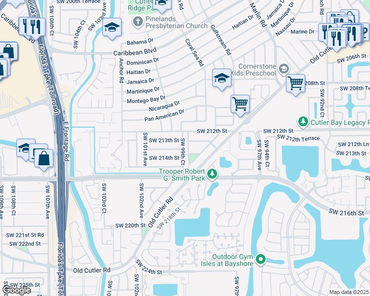map of restaurants, bars, coffee shops, grocery stores, and more near 21331 Southwest 99th Court in Cutler Bay