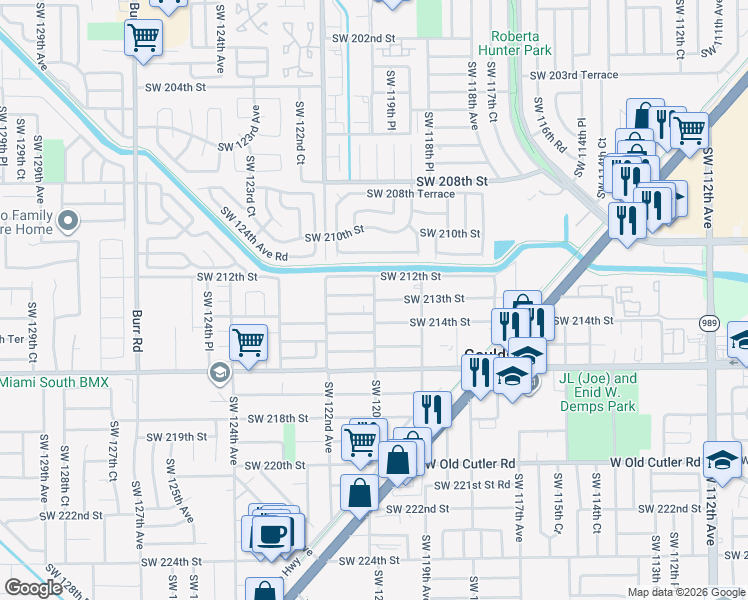 map of restaurants, bars, coffee shops, grocery stores, and more near 12196 Southwest 213th Street in Miami