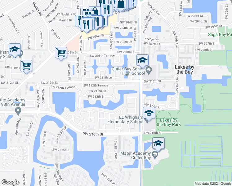 map of restaurants, bars, coffee shops, grocery stores, and more near 22051 Southwest 88th Place in Cutler Bay