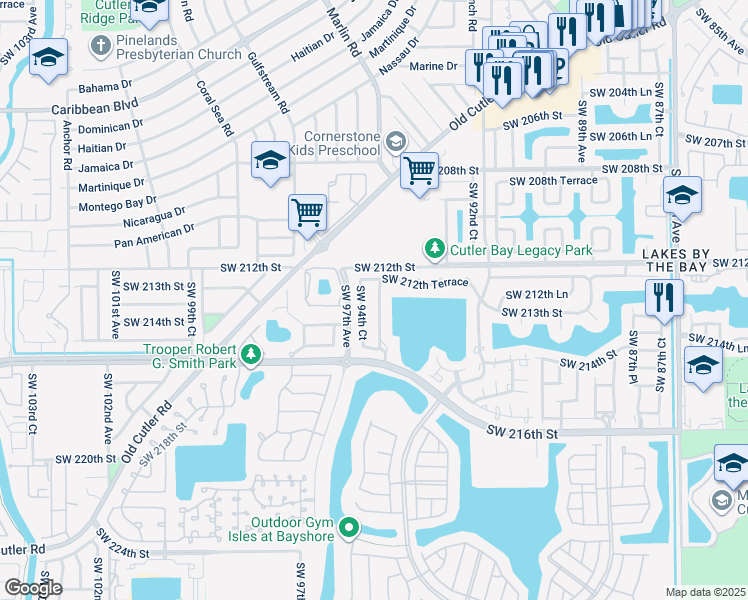 map of restaurants, bars, coffee shops, grocery stores, and more near 21310 Southwest 94th Avenue in Cutler Bay