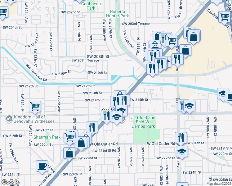map of restaurants, bars, coffee shops, grocery stores, and more near 21350 Southwest 117th Avenue in Miami