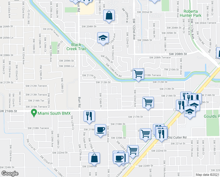map of restaurants, bars, coffee shops, grocery stores, and more near 21284 Southwest 123rd Place in Miami