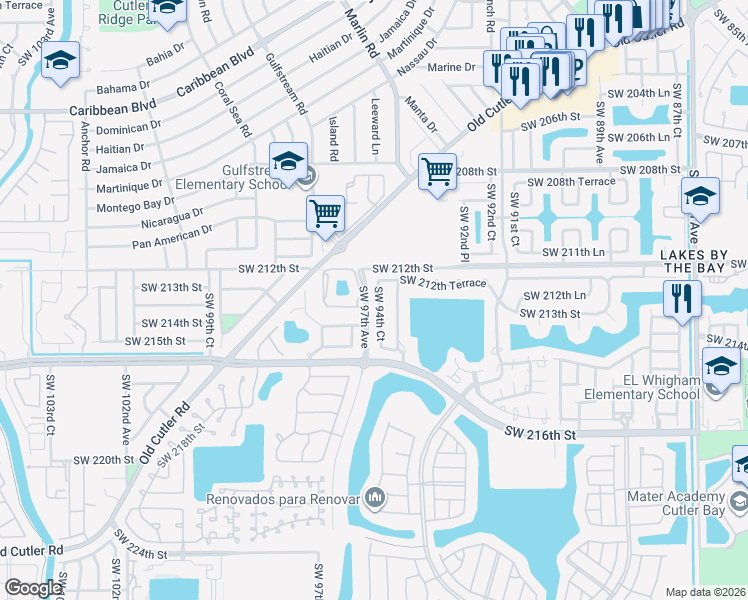 map of restaurants, bars, coffee shops, grocery stores, and more near 9701 Southwest 213th Terrace in Cutler Bay