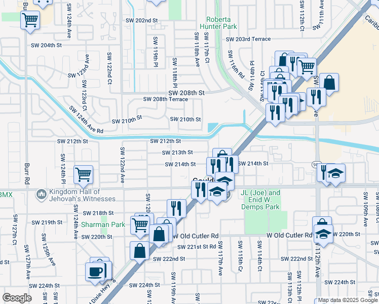 map of restaurants, bars, coffee shops, grocery stores, and more near 11833 Southwest 213th Street in Miami