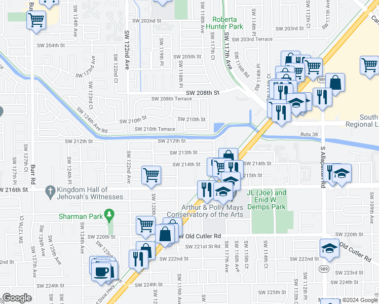 map of restaurants, bars, coffee shops, grocery stores, and more near 11833 Southwest 213th Street in Miami