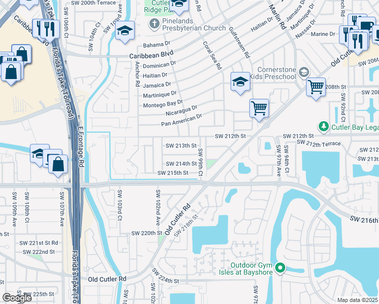 map of restaurants, bars, coffee shops, grocery stores, and more near 9955 Southwest 213th Terrace in Cutler Bay