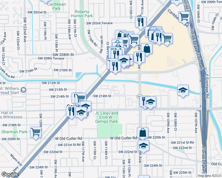 map of restaurants, bars, coffee shops, grocery stores, and more near 13895 Southwest 114th Avenue in Miami