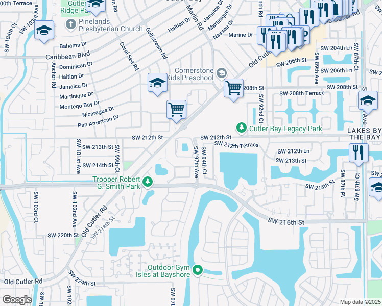 map of restaurants, bars, coffee shops, grocery stores, and more near 9701 Southwest 213th Terrace in Cutler Bay