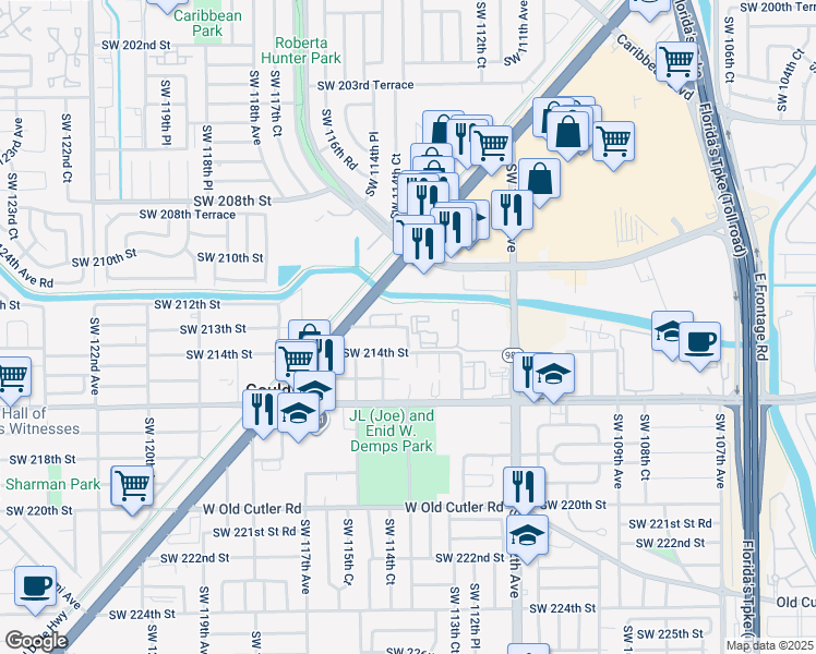 map of restaurants, bars, coffee shops, grocery stores, and more near 9731 Southwest 213th Street in Miami