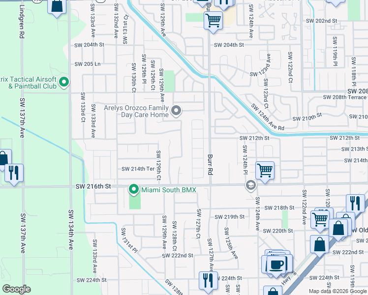 map of restaurants, bars, coffee shops, grocery stores, and more near 21251 Southwest 128th Court in Miami