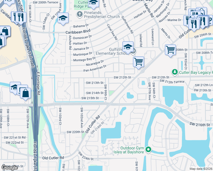 map of restaurants, bars, coffee shops, grocery stores, and more near 21331 Southwest 99th Court in Cutler Bay