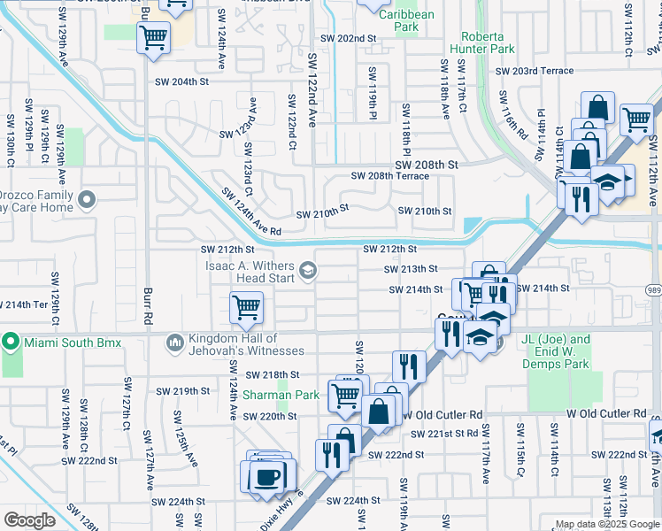 map of restaurants, bars, coffee shops, grocery stores, and more near 12135 Southwest 212th Terrace in Miami