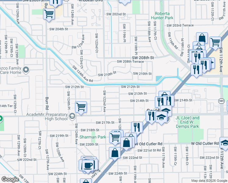 map of restaurants, bars, coffee shops, grocery stores, and more near 12135 Southwest 212th Terrace in Miami