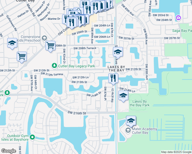 map of restaurants, bars, coffee shops, grocery stores, and more near 21252 Southwest 88th Place in Cutler Bay