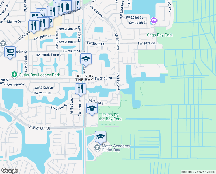 map of restaurants, bars, coffee shops, grocery stores, and more near 8590 Southwest 212th Street in Cutler Bay