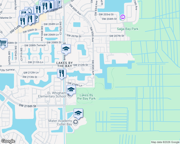 map of restaurants, bars, coffee shops, grocery stores, and more near 8500 Southwest 212th Street in Cutler Bay