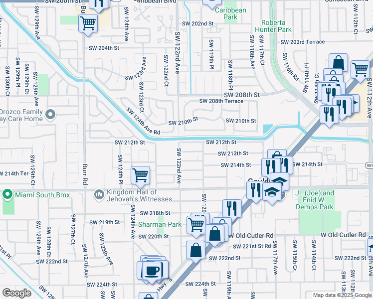 map of restaurants, bars, coffee shops, grocery stores, and more near 12135 Southwest 212th Terrace in Miami