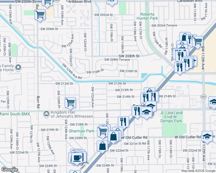 map of restaurants, bars, coffee shops, grocery stores, and more near 21269 Southwest 120th Avenue in Miami