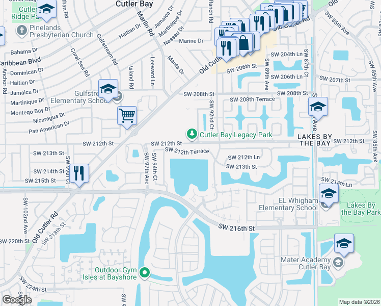 map of restaurants, bars, coffee shops, grocery stores, and more near 9284 Southwest 212th Terrace in Cutler Bay