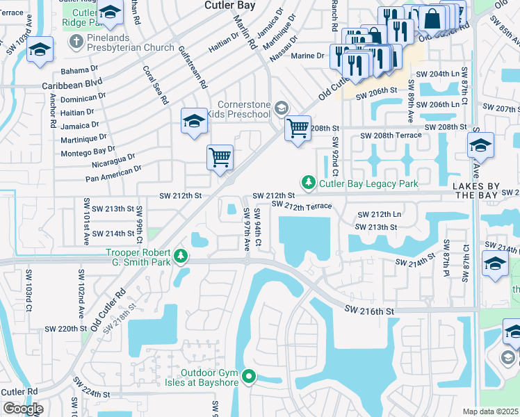 map of restaurants, bars, coffee shops, grocery stores, and more near 21310 Southwest 94th Avenue in Cutler Bay