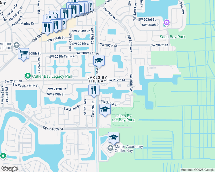 map of restaurants, bars, coffee shops, grocery stores, and more near 8575 Southwest 214th Terrace in Cutler Bay