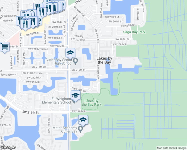 map of restaurants, bars, coffee shops, grocery stores, and more near 8590 Southwest 212th Street in Cutler Bay