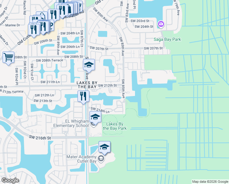 map of restaurants, bars, coffee shops, grocery stores, and more near 8590 Southwest 212th Street in Cutler Bay