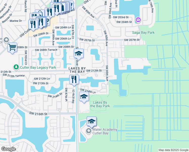 map of restaurants, bars, coffee shops, grocery stores, and more near 8590 Southwest 212th Street in Cutler Bay
