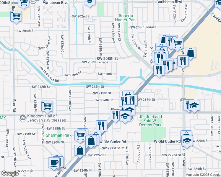 map of restaurants, bars, coffee shops, grocery stores, and more near 11833 Southwest 213th Street in Miami
