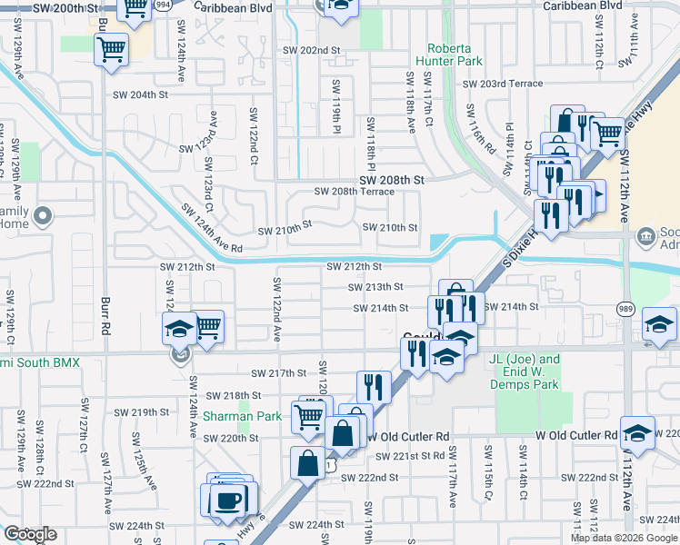 map of restaurants, bars, coffee shops, grocery stores, and more near 21269 Southwest 120th Avenue in Miami