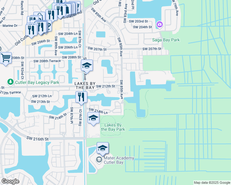 map of restaurants, bars, coffee shops, grocery stores, and more near 8590 Southwest 212th Street in Cutler Bay