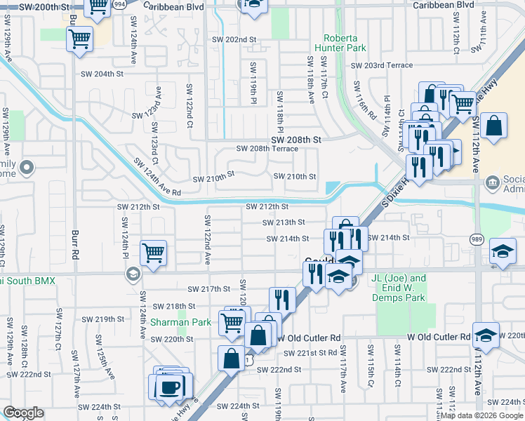 map of restaurants, bars, coffee shops, grocery stores, and more near 21240 Southwest 119th Avenue in Miami