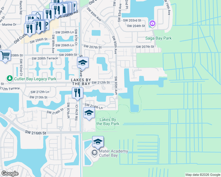 map of restaurants, bars, coffee shops, grocery stores, and more near 8590 Southwest 212th Street in Cutler Bay