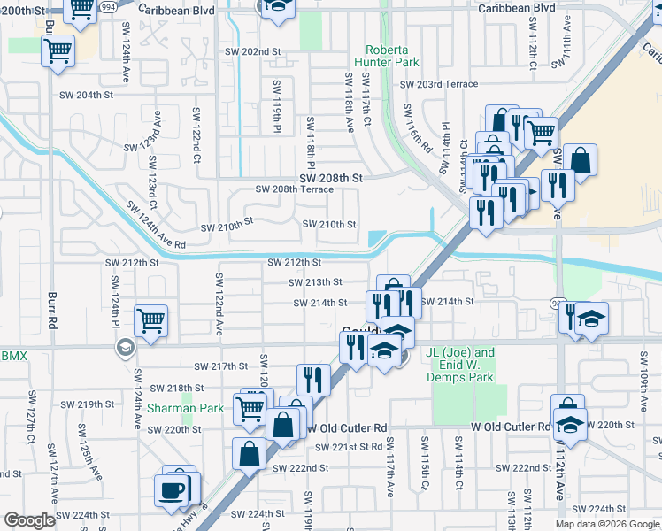 map of restaurants, bars, coffee shops, grocery stores, and more near 11833 Southwest 213th Street in Miami