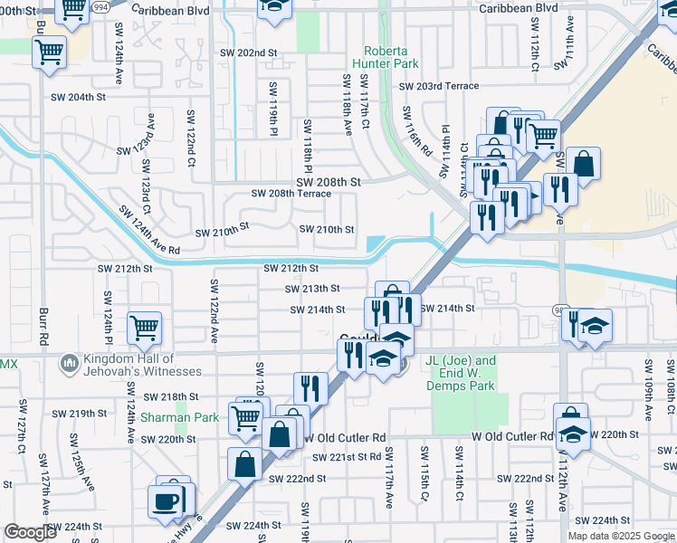 map of restaurants, bars, coffee shops, grocery stores, and more near 11833 Southwest 213th Street in Miami
