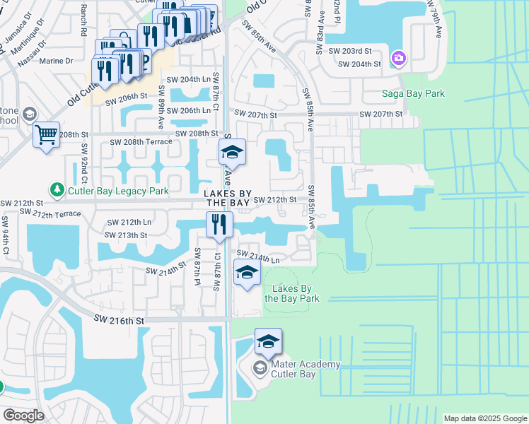 map of restaurants, bars, coffee shops, grocery stores, and more near 8575 Southwest 214th Terrace in Cutler Bay