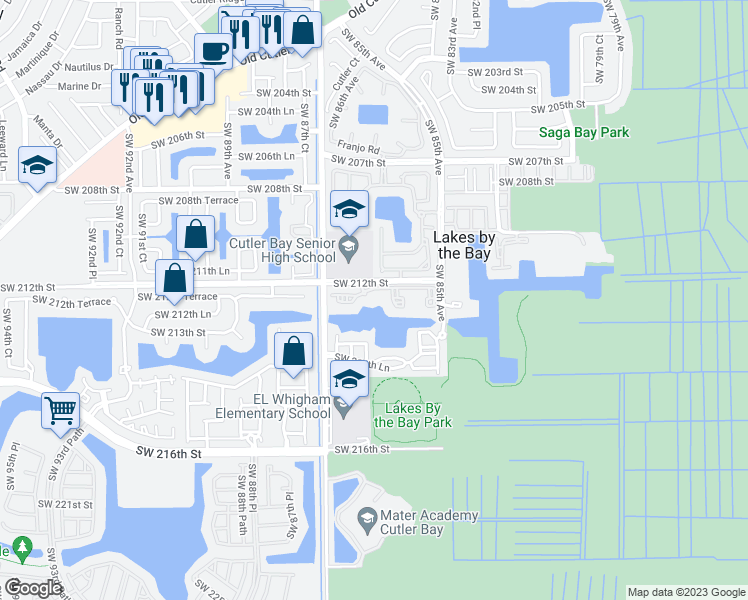 map of restaurants, bars, coffee shops, grocery stores, and more near 8575 Southwest 214th Terrace in Cutler Bay
